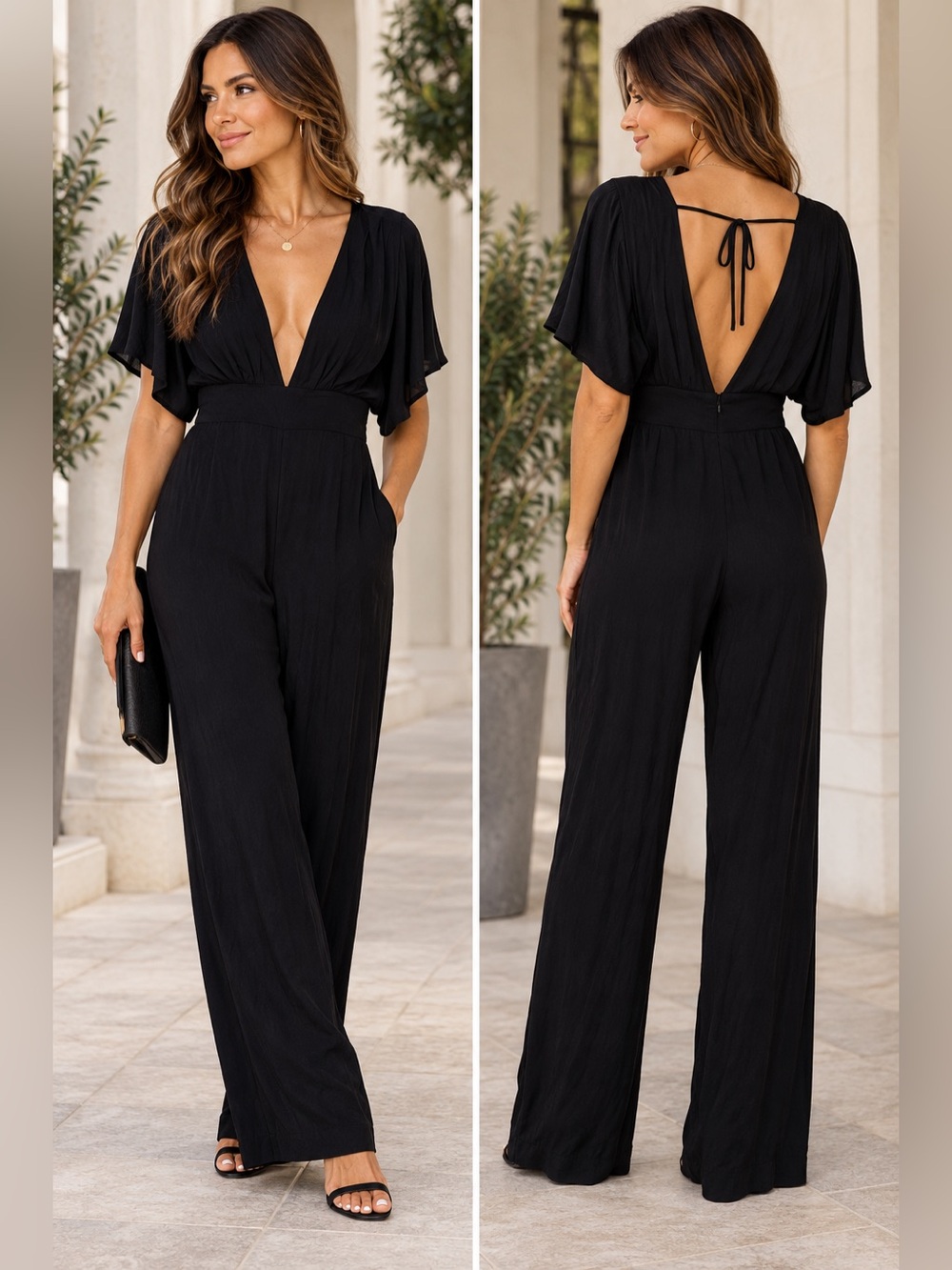 & Other Stories Los Angeles Atelier Black Deep V Wide Leg Jumpsuit Size 4